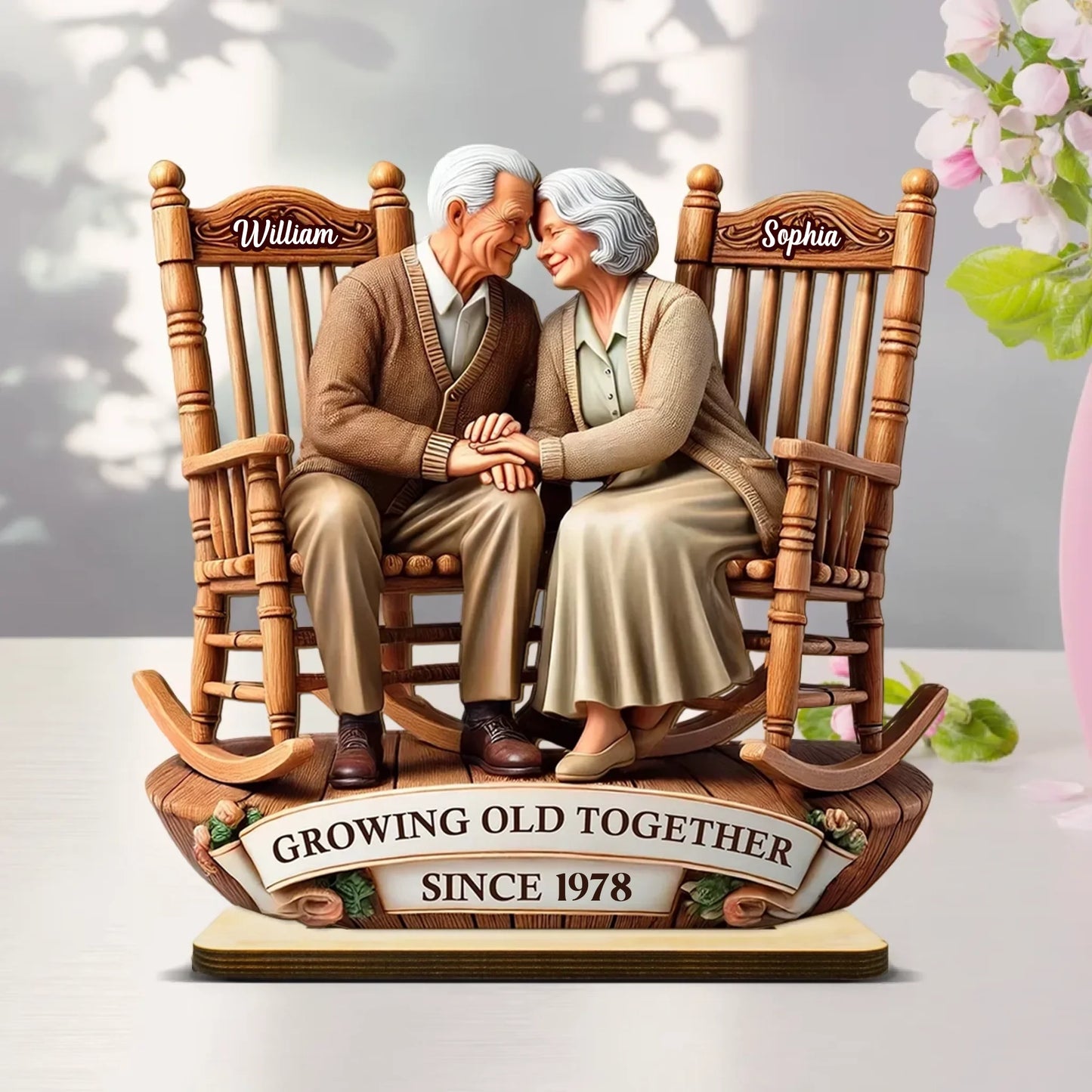 Old Couple Sitting On Rocking Chairs Together - Personalized Standing Wooden Plaque