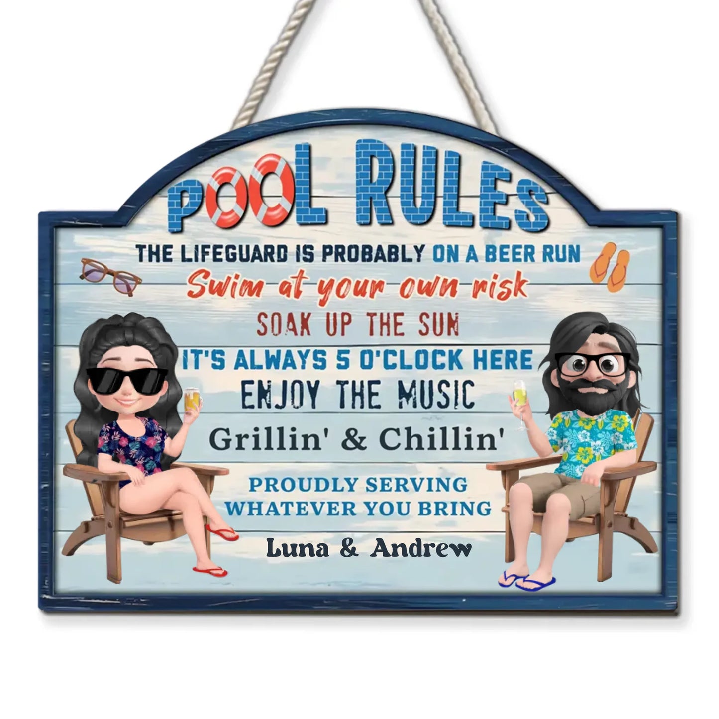 Pool Rules Swim At Your Own Risk Grilling Family - Personalized Custom Wood Sign