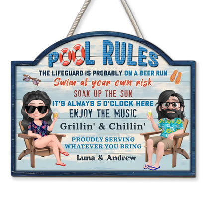 Pool Rules Swim At Your Own Risk Grilling Family - Personalized Custom Wood Sign