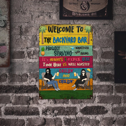 Patio Welcome Grilling Proudly Serving Whatever You Bring Husband Wife Couple Single - Backyard Sign - Personalized Custom Classic Metal Signs