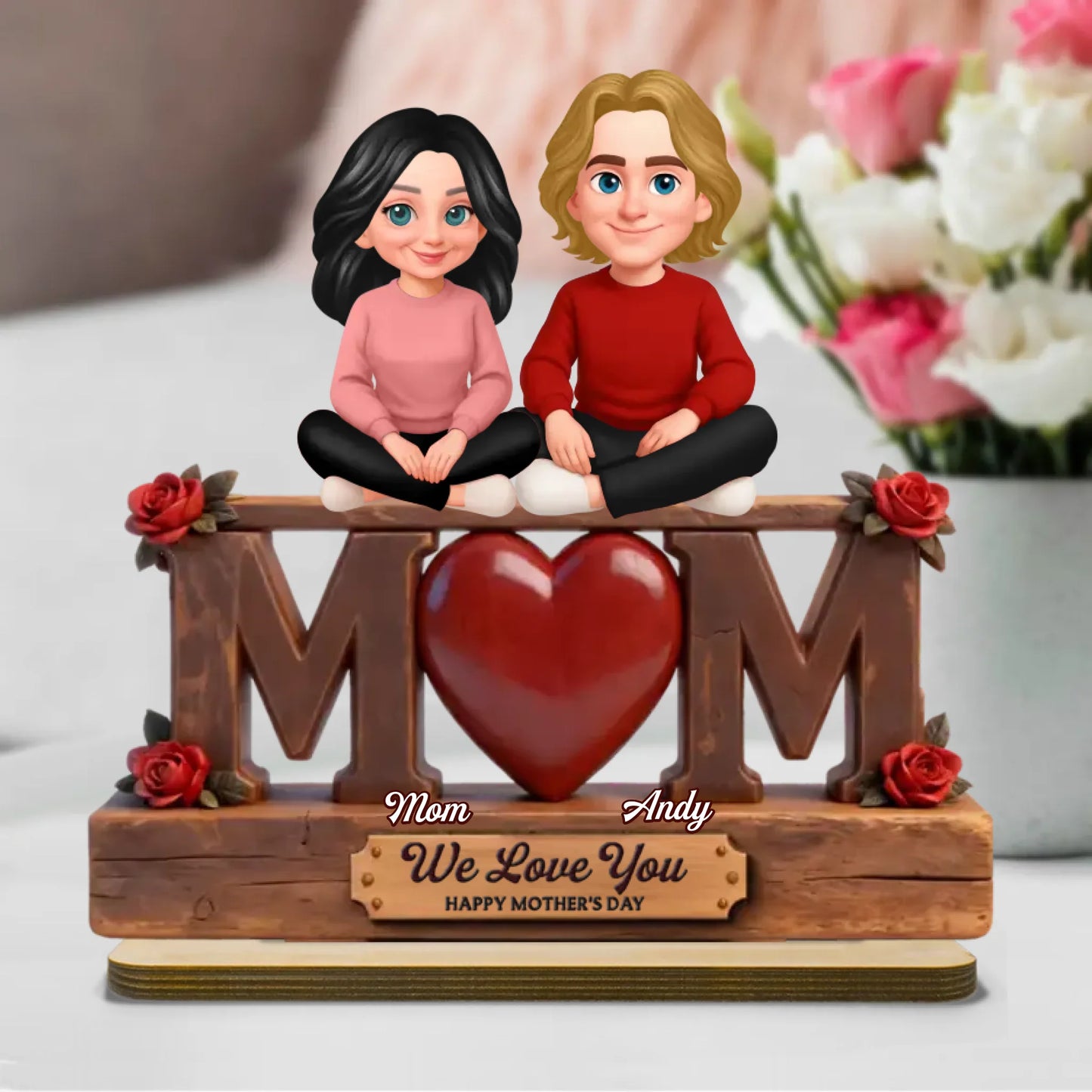Rose MOM And Daughters Sons - Personalized 2-Layered Wooden Plaque - Heartfelt Mother's Day Gift For Mom