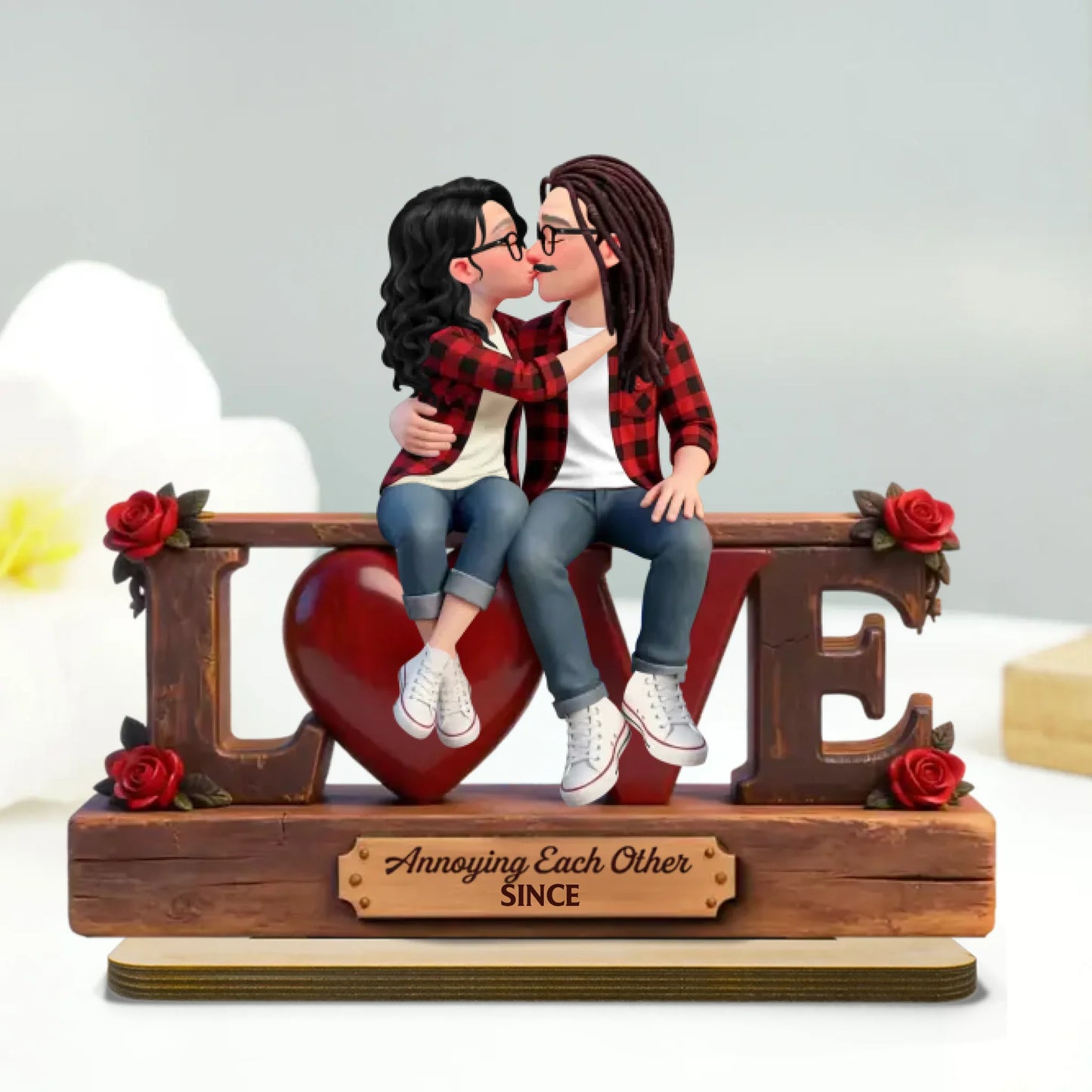 Eternal Rose LOVE Couple Forever Together - Personalized 2-Layered Wooden Plaque - Gift For Couple, For Him, For Her